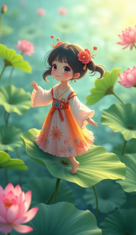 An Asian lotus garden,Cute ancient style girl，She is dressed in cute clothes from head to toe. She has big, bright eyes.，Sweet smile。Colorful clothing，and flowing skirt。Hair accessories with flowers and ribbons，Add classic elegance。Playing barefoot on a la...