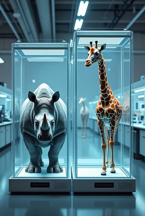 Rihno and giraffe in dna chamber in lab kept in both in  sperete dna glass chamber 