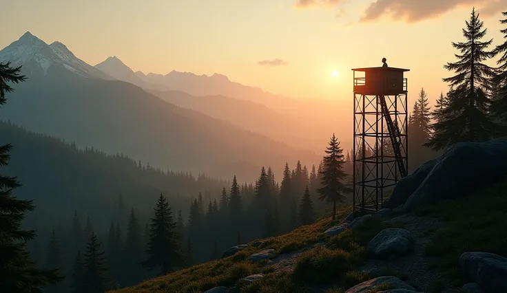 A panoramic view from the fire watch tower, overlooking an endless sea of pine trees and mountains. The landscape is stunning, with the sun setting in the distance, casting a golden glow over the forest. However, the shadows creeping in from the trees give...