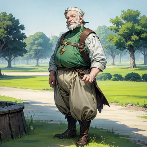 solo character, full body version, old man, white beard, very fat, green eyes, blue color hair, bob hair, casual clothing, white...