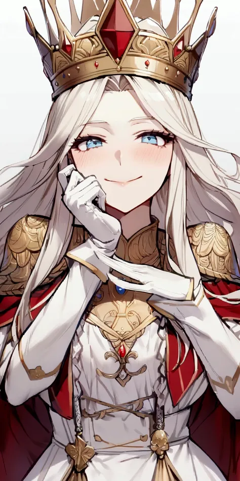 high resolution, Clear focus, Pixiv Masterpiece, ((Intricate details)), Very detailed, Britannia, 1 Girl, Blonde and white hair, (Hide your smile, White gloves, peak,:1.1) taunt, Blue Eyes, Queen, Long hair, skirt, crown, Arrogance, Queen Artolia, 