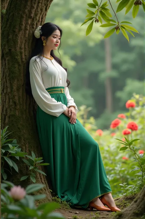 A Burmese pretty girl is 20 years old,she wear "Myanmar outfit,white blouse and green longyi ".She standing up and reclining a tree, "her legs wear court-shoes."She back beautiful flowers and green trees.She tied single knot hair do and wear snood.She has ...