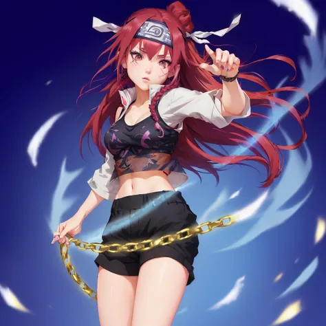 kiary, anime girl naruto shippuden, posing, full body, kunoiche, ninja, wearing konohagakure bandana around her waist, purple eyes, long red hair with a braid on the side, wears black shorts and a short mesh blouse, fighting using das jutsu golden chains s...