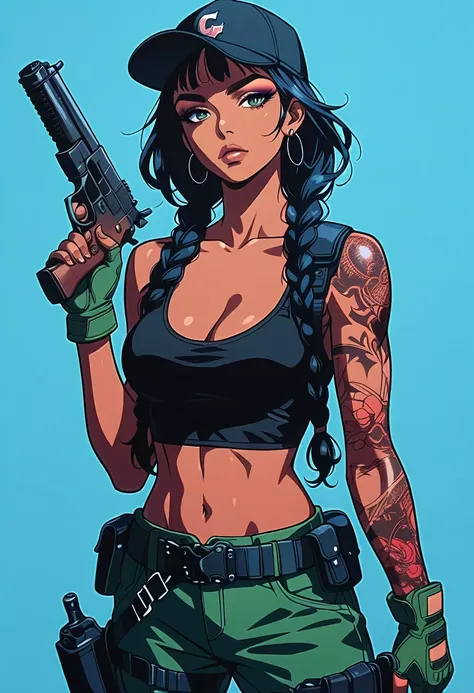 score_9, score_8_up, score_7_up, score_6_up,1girl, solo, weapon, gun, gloves, earrings, holding_weapon, tattoo, breasts, jewelry...