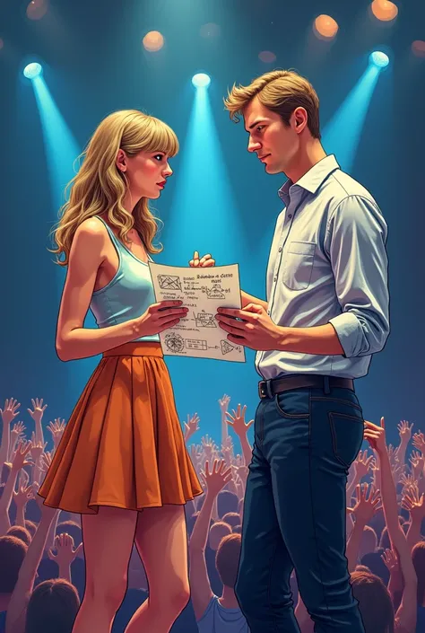 Taylor Swift and a mathematical man with light hair ,showing him some plans with sheets in his hand at a concert on stage in the form of a comic
