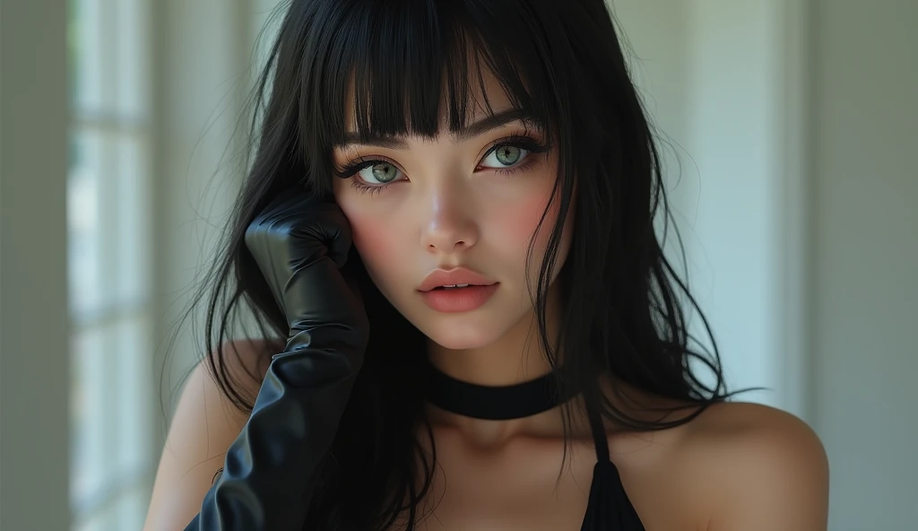 Beautiful young European girl in thigh high stockings, bikini, and long gloves, His eyes are grey, her black hair, his white skin. She has straight bangs in her hair. His face reflects strength and power. His eyebrows are a little bushy, Her eyelashes are ...