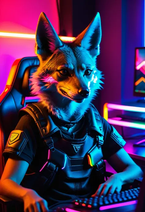 Jackal sitting in a gamers chair, at a gaming table, close up shot, shot close up, Naturally the lighting on the jackal itself, neon illumination, neon computer unit nearby, light fixture shimmers with rainbows, ((jackal smirks)),