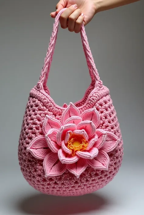 Crochet women&#39;s handbag with pink lotus flower design