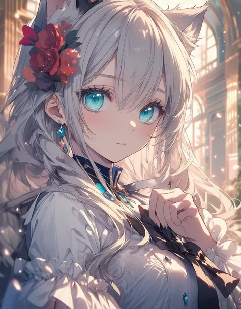 Fantasy animation, fantasy castle, ((masterpiece, best quality:1.5)), ((Beautiful detailed cat aqua eyes:1.2)), cat ears, pale skin, medium breasts, beautiful hands, beautiful fingers, EasyNegative