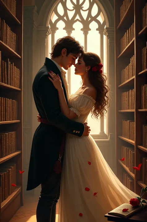 Romeo and Juliet doing romance in a library 