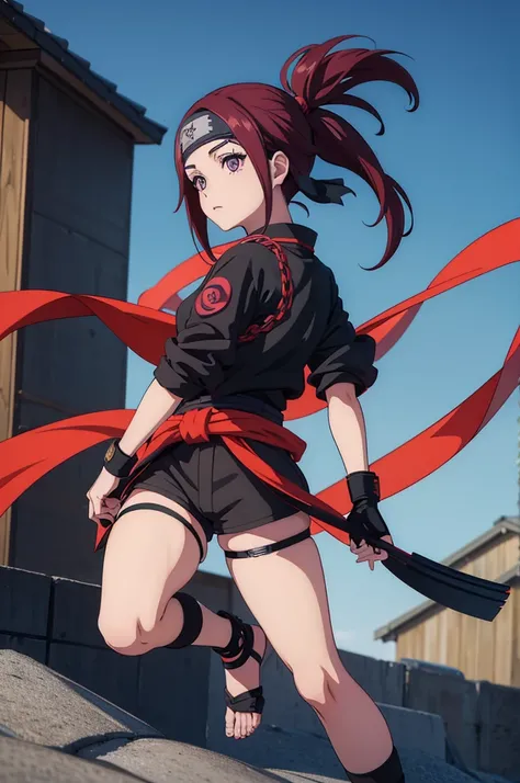 kiary, anime girl naruto shippuden, posing, full body, kunoiche, ninja, wearing konohagakure bandana around her waist, purple eyes, long red hair, wears black shorts and a short mesh blouse, fighting using jutsu of golden chains coming out of her back, hai...