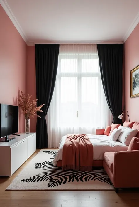 The bedroom features pink walls that add a
touch of warmth and coziness to the space.
The ceiling above is a crisp white, providing a
nice contrast to the pink hue. The black
curtains hang elegantly on either side of the
window, blocking out any harsh sunl...