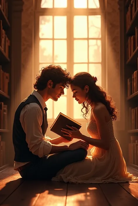 Romeo and Juliet doing romance in a library and reading the same book. And sunlight appears by the window and they love it