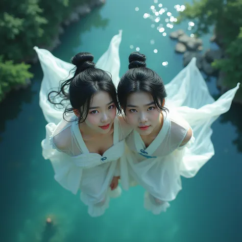 A korean handsome man and beautiful girl with black and white bun hair, glowing blue eyes in clothes is flying high above a lake facing camera. And green around.