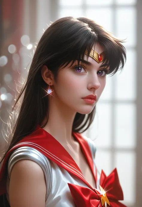 a highly detailed realistic of sailor mars, rei hino, in a dark fantasy movie setting, photorealistic, extremely detailed facial...