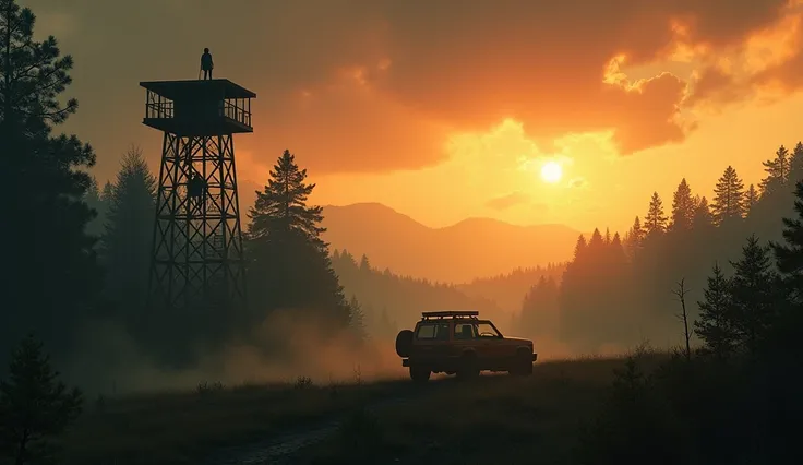 A wide shot of the fire watch tower and the surrounding forest, with the sunlight dimming as if foreshadowing the tension to come. The woman stands at the top of the tower, her silhouette outlined against the darkening sky, while the man drives away in his...