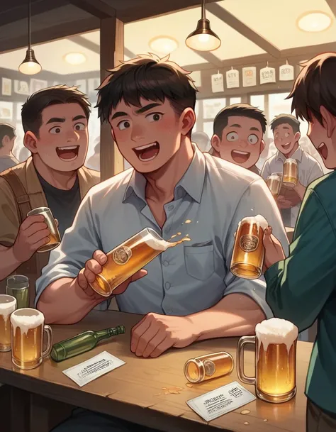 High-quality realistic photos. Three young Korean beauties and two handsome Japanese guys are gathered around the bar. Some are singing and some are drinking beer. There are several bottles of beer on the table, with the English words TAIWAN BEER written o...