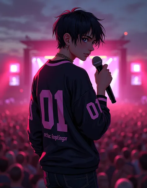 sold out open air festival, rock concert, night, pov from the back, crowd looks at weisser dünner American teen male 20 jahre alt mit mittellangen schwarzen haaren, mit black pink jersey pullover mit "01" on the sleeve and "springs" on the back, der rasier...