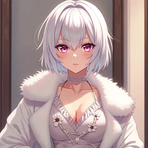 Make an anime style woman with white short channel hair, square demarked bangs, pink mature and serious eyes, confident expression, shiny lips, fluffy white coat and white cotton adornments in her beautiful clothes, dressing room background, model pose