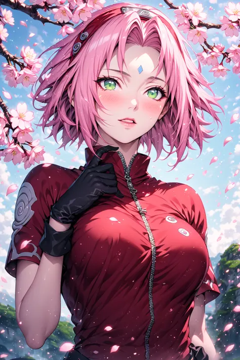 absurdres, highres, ultra detailed, HDR, master piece, Haruno Sakura, pink hair, short hair, expressive green eyes, red shirt, sexy woman, best quality, black gloves, Naruto Shippuden, solo, fantasy, magical, sensual, glittering, accessories, blue sky, pin...