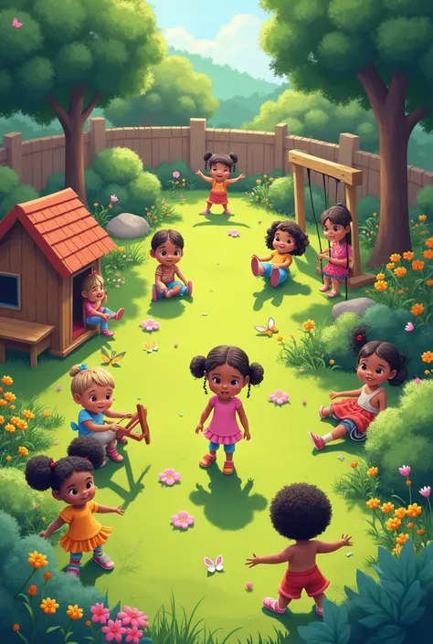 The girls are in a lovely garden, full of colorful flowers, leafy trees and a well-kept green lawn. Butterflies of various colors fly around, is the sound of two birds singing in the air. There are toys scattered around the space, like a seesaw, wooden swi...