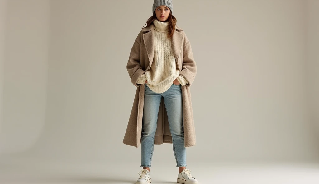 Top: A chunky, oversized cream-colored turtleneck sweater made from a soft wool blend. The turtleneck is slightly loose, providing warmth and comfort, with dropped shoulders and ribbed cuffs.
Jeans: High-waisted light-wash skinny jeans, slightly distressed...