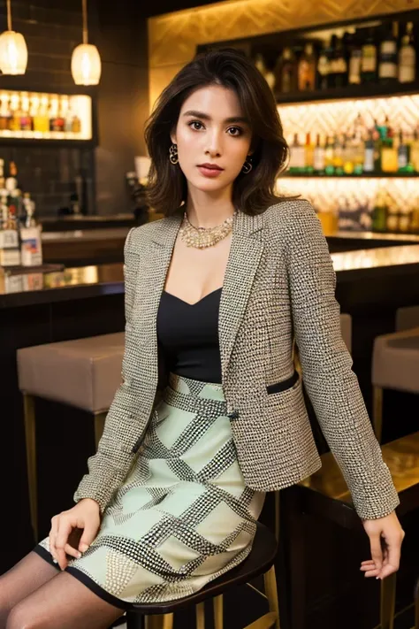 Geometric print blazer jacket、(Silk blouse)、(Geometric midi skirt:1.2)、(Silk Pantyhose、High heels)、((Full Body Portrait))、1 girl、Super delicate face、Ultra-detailed eyes and face、Perfect hands、Slim and long legs、Cleavage、Ultra-detailed face and skin texture...