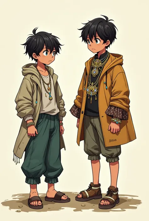 A manga style drawing, of a boy without money next to a boy with a lot of money. One has to be represented as poor and the other as rich., with money and jewels.