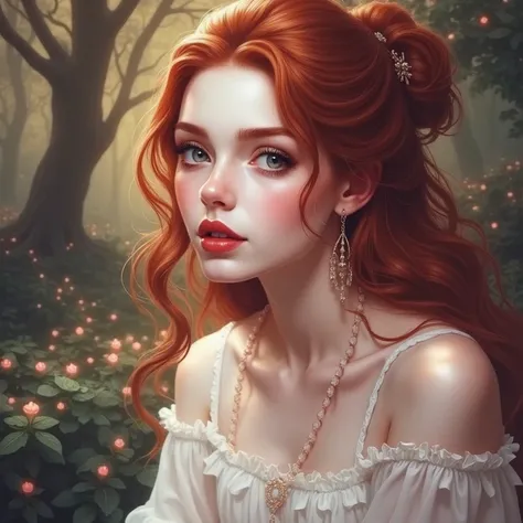 A beautiful white-skinned red-haired girl with long wavy red hair and thick eyebrows and red thick lips is wearing a white nightgown and is in a magical glowing forest.