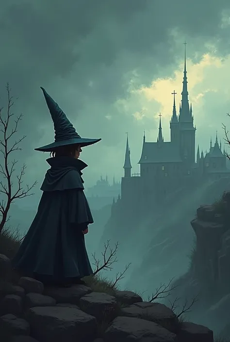 Image of a little wizard looking at a medieval city in a dark fantasy style half pixelated image