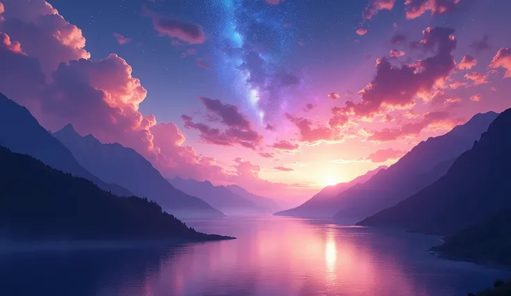 Stunning landscape, possibly a sunset or sunrise, with a dramatic sky full of clouds and a combination of vibrant colors. The sky is painted in shades of purple, rosa, blue and orange, which creates a very striking light and shadow effect. Rays of light se...