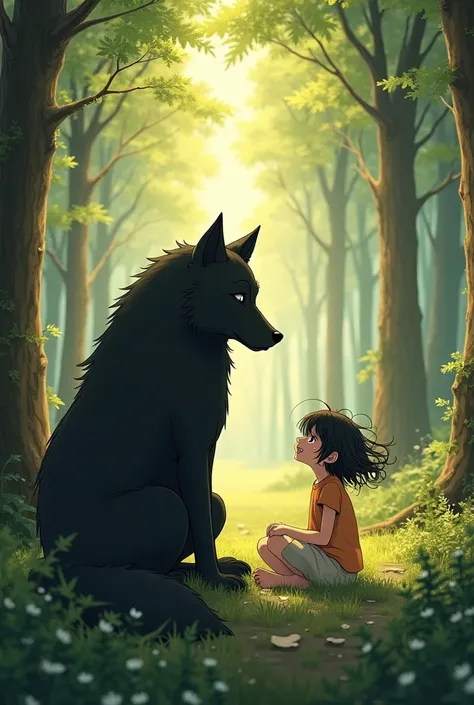 Character profile, Ghibli style,
In the forest,Sitting,One girl in the morning, 
Shortcuts, Disheveled Hair, happy tears, One big black wolf,