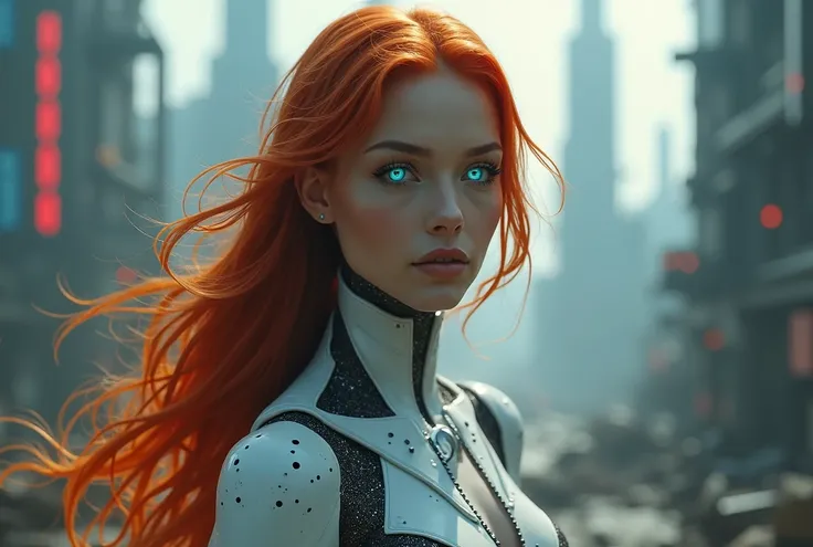 A beautiful cyborg woman with long red hair, glowing blue eyes, detailed facial features, intricate cybernetic enhancements, pale skin, elegant futuristic dress, surrounded by a dystopian cityscape, cinematic lighting, dramatic shadows, photorealistic, 8K,...