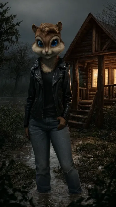 score_9, score_8_up, score_7, score_6, outdoors, cabin, scary, spooky swamp, brittany miller, chipmunk, blue eyes, furry, short ears, black leather jacket, black shirt , jeans, standing, looking at viewer, 6 inches tall