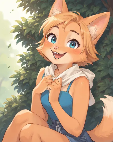 little fox, kid girlfox, blonde hair, ginger fur, blue eyes, cute kid, alone, face similar to diane foxington, kid, short hair, ...