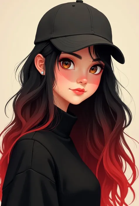 2D French girl with long black hair with ONE red ombre and brown eyes, Skin color is white.wearing a black sweater, wearing a cap baseball 