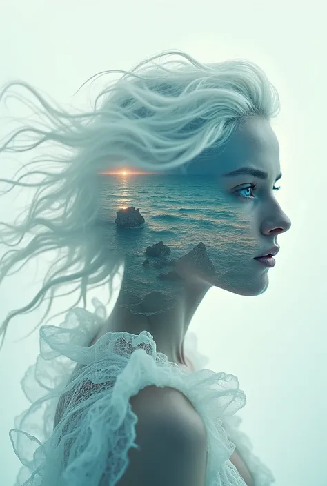 A (((surreal double exposure full-body portrait))) featuring a (woman with flowing, wavy white hair and piercing blue eyes) whose face is intricately connected with the dazzlingly detailed (sea landscape), blending into a fantastical fusion of land and oce...