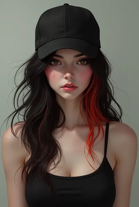 2D French girl with long black hair with ONE red ombre and brown eyes, Skin color is white.wearing a black tank top, wearing a cap baseball 