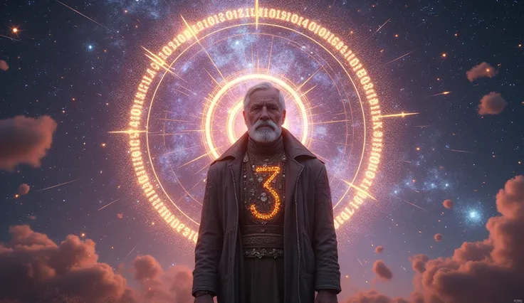 Create an ULTRA REALISTIC image of Russian engineer Grigori Grabovoi. It must be portrayed in a surreal setting, surrounded by magical numbers floating in the air, alinhando-se com o universo cósmico e o fluxo dThe time. Grabovoi is in the center of the im...