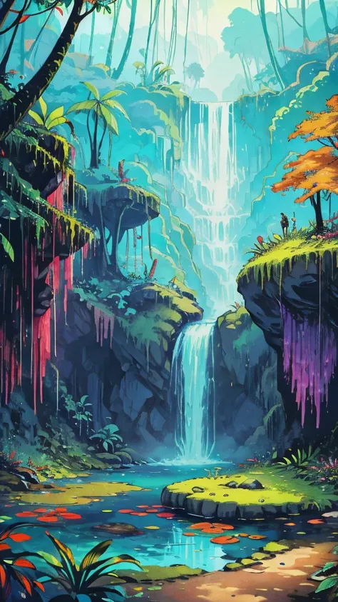 "A lush rainforest with towering trees, colorful tropical plants, and a small waterfall cascading into a clear pond. The vivid, vibrant colors make the scene feel alive and exotic."