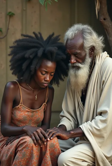 Une jeune femme africaine folle soignée par un vieux marabout africain vêtu de blanc