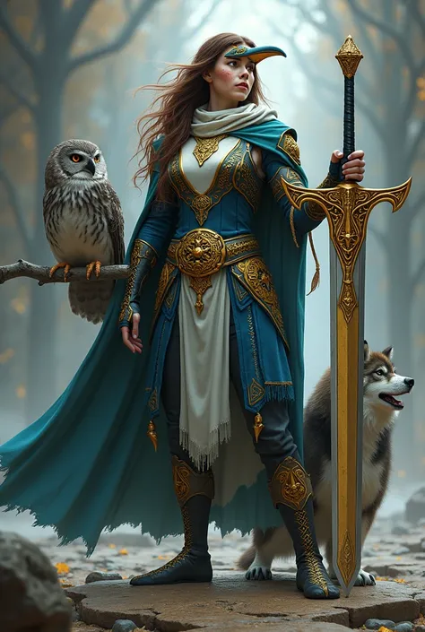 4D Character, She is a female warrior penguin with long brown hair., bright honey-colored eyes, has freckles. She is a Celtic warrior with a sword that she puts "CelticA"(It reads perfectly), It also has a golden arch decorated with a triskelion. His cloth...