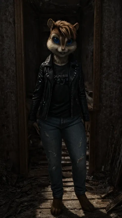 score_9, score_8_up, score_7, score_6, indoors, scary spooky, ghosts, abandoned house, brittany miller, chipmunk, blue eyes, furry, short ears, black leather jacket, black shirt , jeans, standing, looking at viewer, 6 inches tall