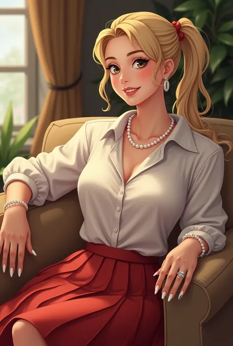 smiling blond busry girl with hair in ponytail in white blouse and red pleated skirt with big pearl necklace and big pearl bracelet and big earrings and long white nails sitting in the left corner of the couch