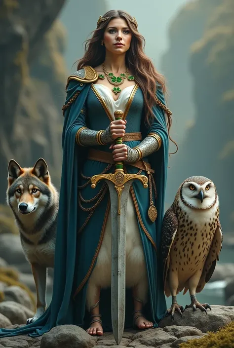 4D Character, She is a female warrior penguin with long brown hair., bright honey-colored eyes. Celtic warrior with a sword that stands "CelticA"(It reads perfectly), It also has a golden arch decorated with a triskelion. His clothes are blue and gold, ado...