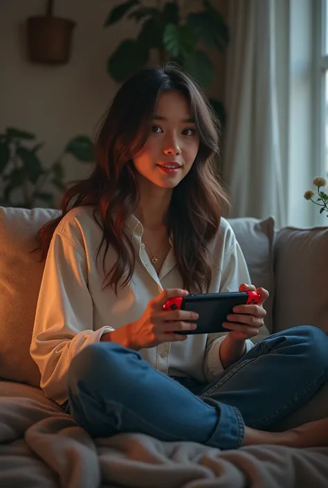 Beautiful girl with long wavy hair, white shirt and blue jeans, holding a nintendo switch controller while playing Donkey kong country