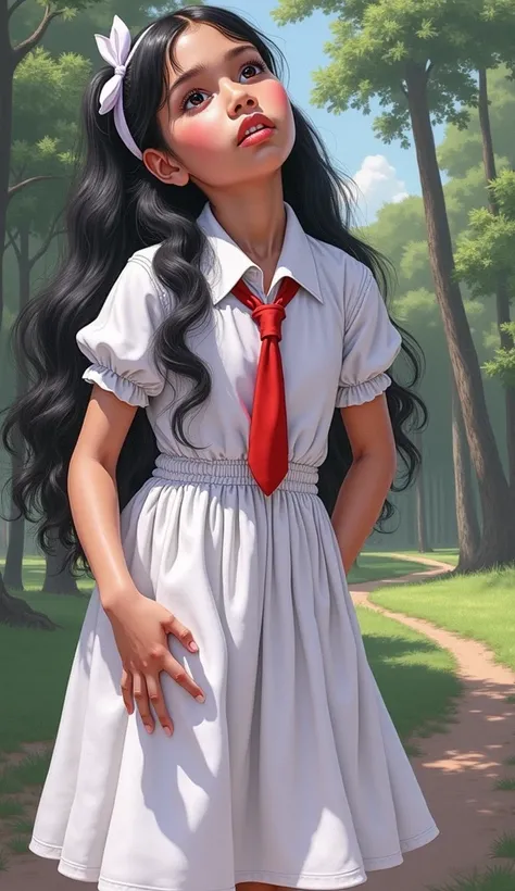 Highly detailed these poses in the photo, A realistic photo of a Sri-lankan little school girl, , in a tight white gown, a small red tie, with a white ribbon in her hair, you can see panties, white socks. She got a pee isolated, she tries to stop it by squ...