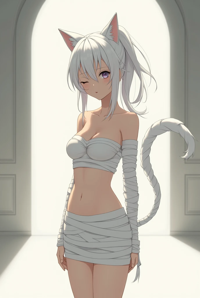 Anime style image, White haired woman, long-haired, with cat ears and tail, with a calm and cool facial expression, with one eye closed, with one eye open, alone in a single room, standing in the middle of a room, recogiendose el pelo en una cola de caball...