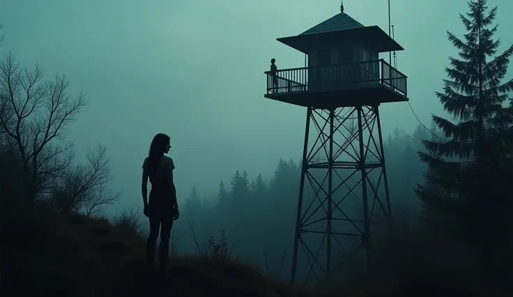 A wide shot of the fire watch tower, surrounded by dense, dark trees. High up on the balcony, a woman stands, looking out into the forest with a tense expression. In the distance, barely visible among the trees, the silhouette of a man watches her from the...