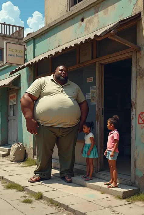 A fat black man standing near small abandoned shop with girls